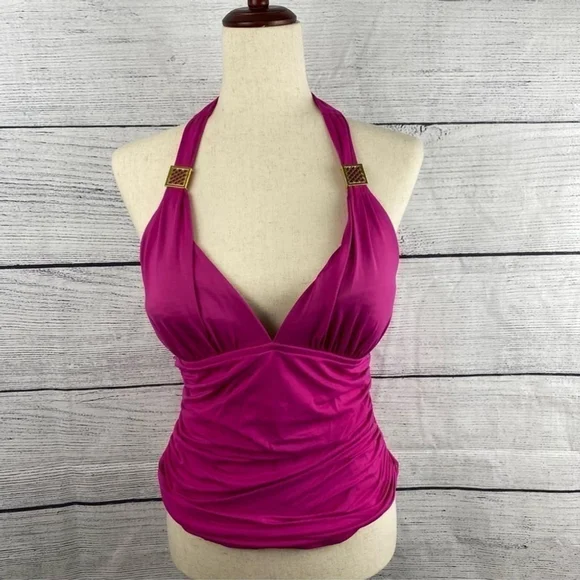 LA Blanca Fuchsia Halter Tankini Swim Bathing Suit Top with Gold Trim Si… - Picture 4 of 9